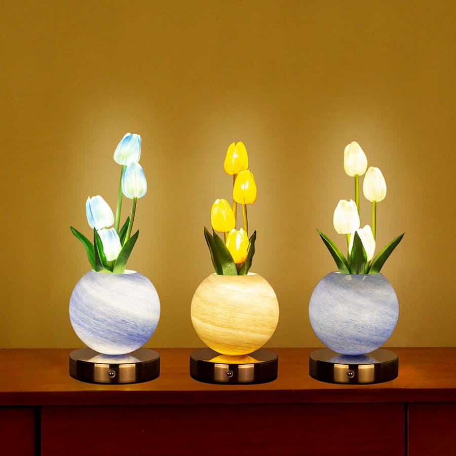 LED Tulip Planet Night Light Bedroom Bedside Ambient Light Artificial Bouquet Decorative Table Lamp Ornament Amazon