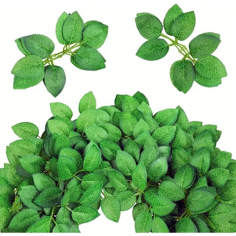Cross-border simulated silk screen rose leaves, two forked 6-piece green leaves, screen silk flower accessories, leaves, DIY flower arrangement accessories