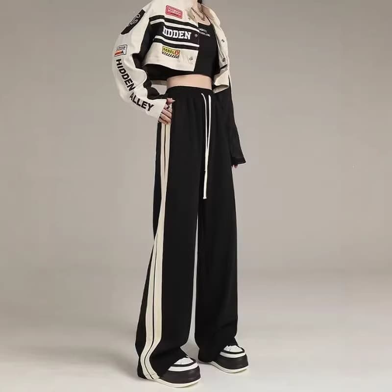 Black striped sweatpants women's summer 2026 new high-waisted wide-leg pants small casual loose straight sweatpants