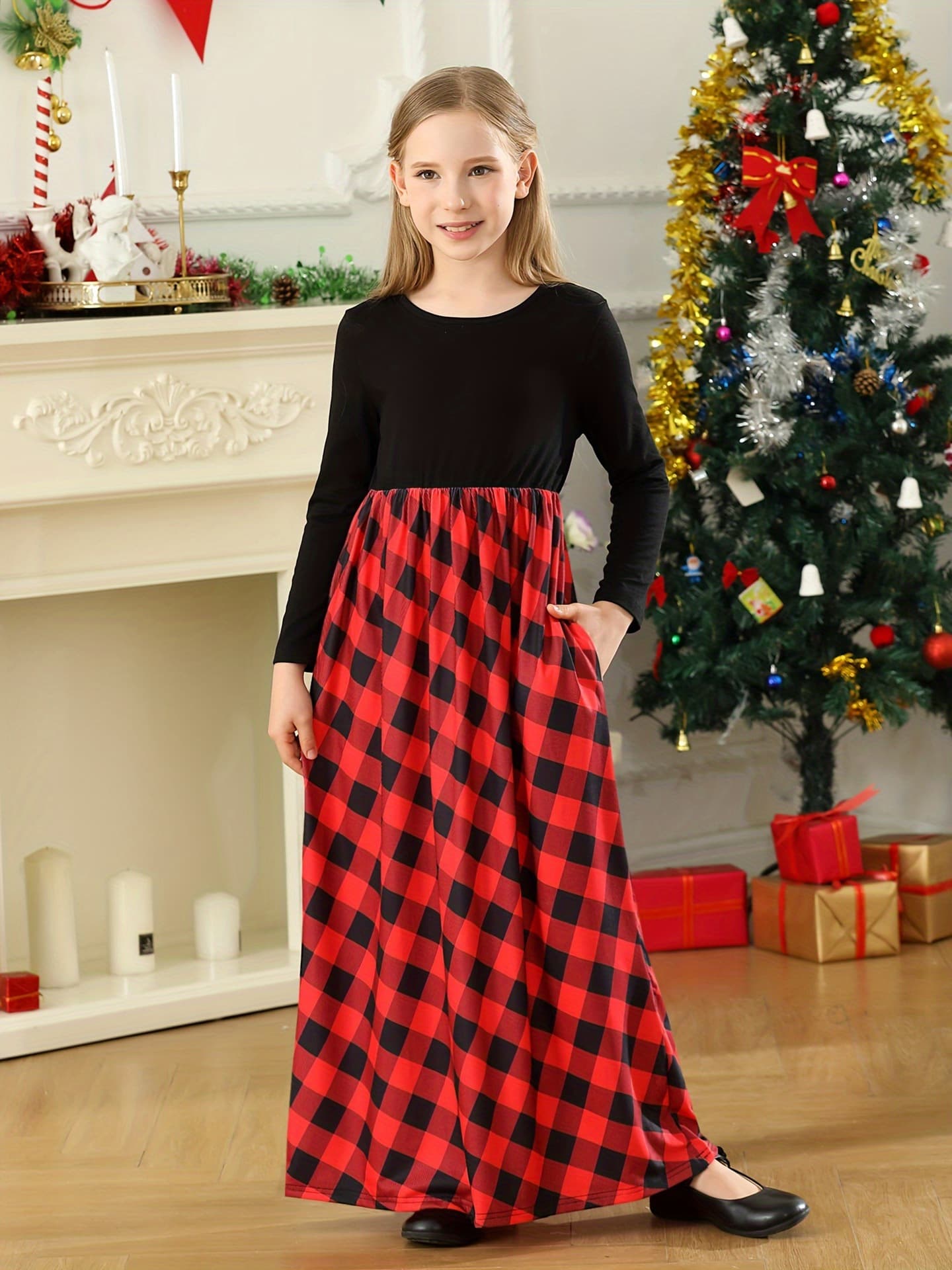 2025 New Cross-border: Girls' Elegant Green and Black Buffalo Plaid Dress