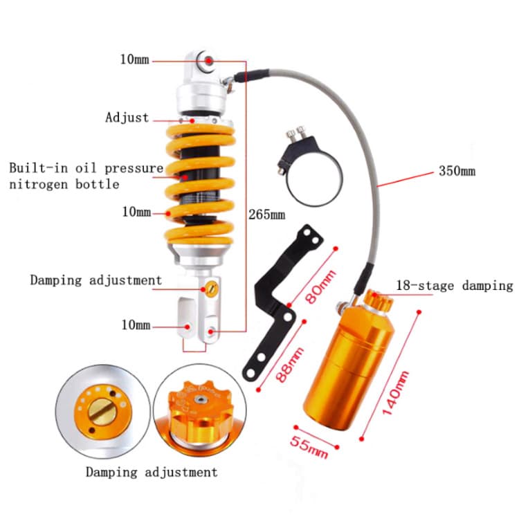 265mm Shock Absorber Damping Adjustable Center Shock with Cord and Reservoir Bottle Modified YZF R15 Suspension