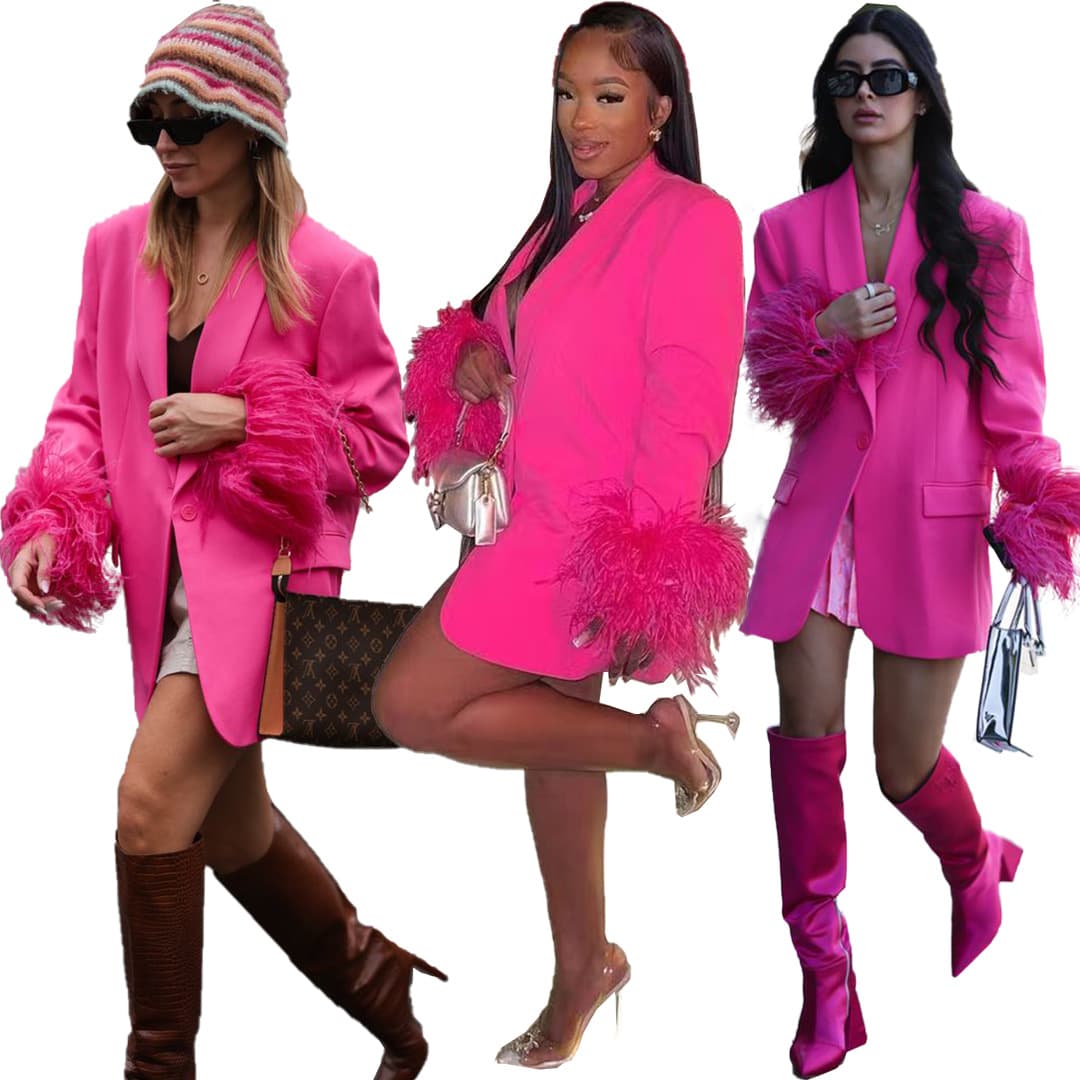 Women's Suit Set, Simple Jacket, European and American Style, S198, Feather-Trimmed Trousers, Trendy Autumn New Model 2025