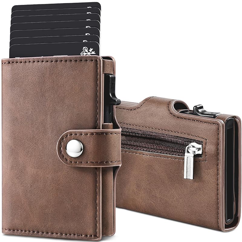 Metal Card Case Anti-Skimming Wallet with Zipper Coin Pocket, Automatic Card Ejection, Bank Card Organizer, Tri-Fold Men's Wallet
