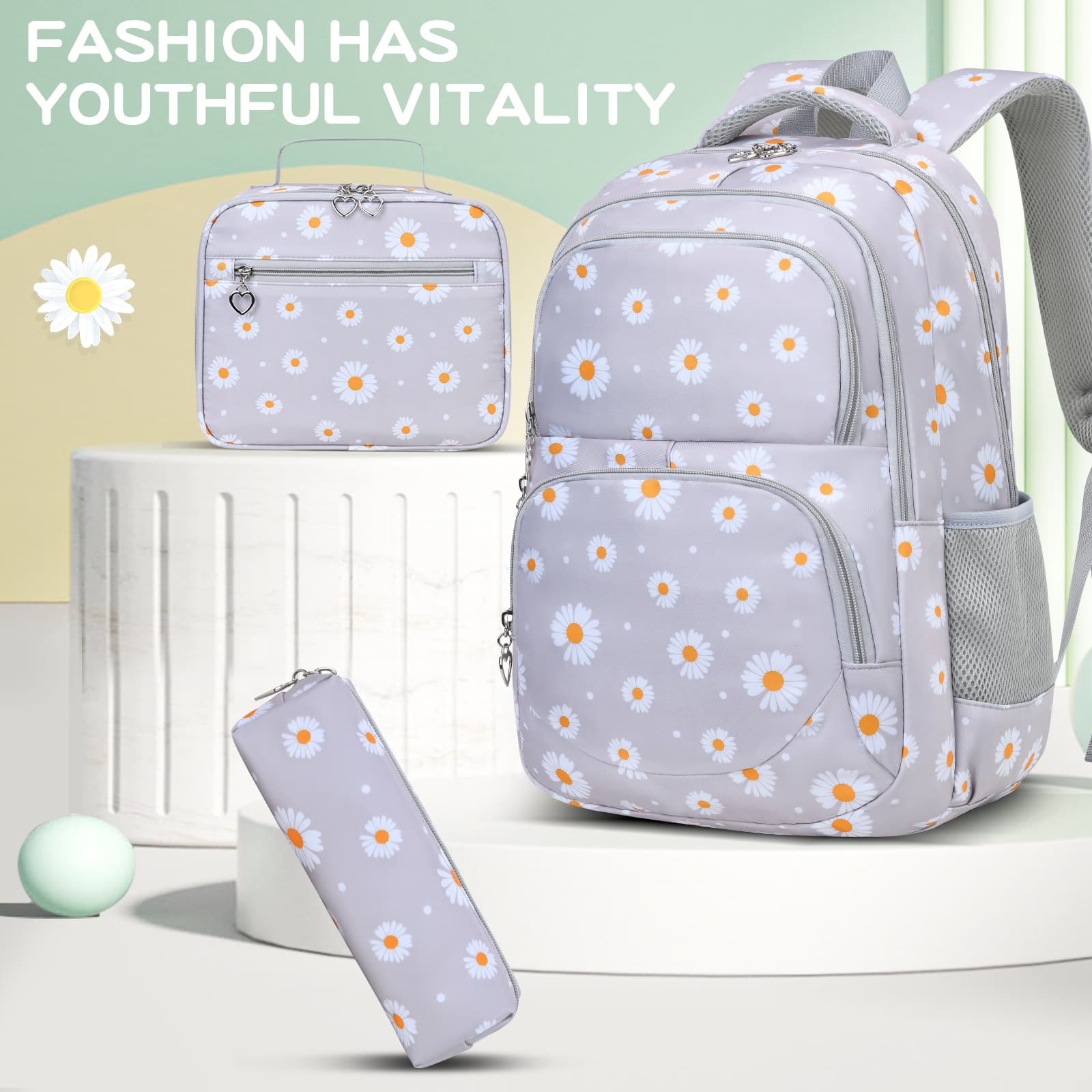 Cross-Border Hot Selling Daisy Three-Piece Set Student Backpack, Children's Backpack, Lunch Bag, Pencil Case 3PCS SET