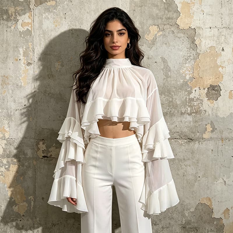 Cross-Border Thin Blouse for Women 2026 New Fashion Casual Long Sleeve Layered Ruffle Short Chiffon Shirt