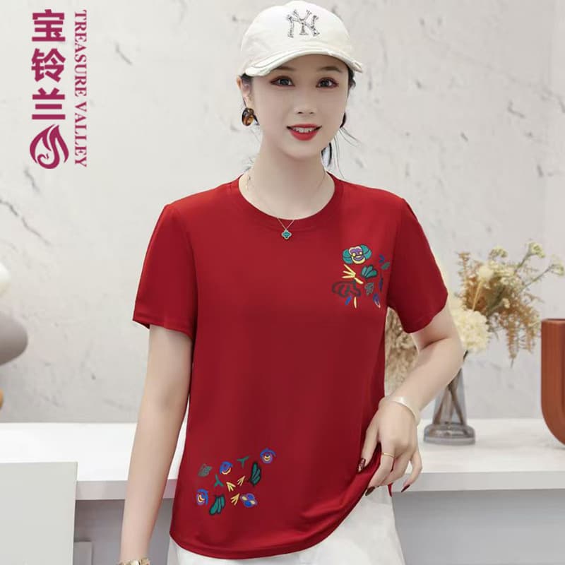 Middle-aged Women's Short Sleeve T-Shirt, Loose Plus Size Stretch Mother's Summer Top, Round Neck