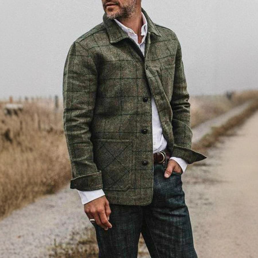 New Autumn/Winter Men's Plaid Jacket for Cross-Border EU/US Market, Vintage Turn-Down Collar Single-Breasted Coat Fashion Men's Wear