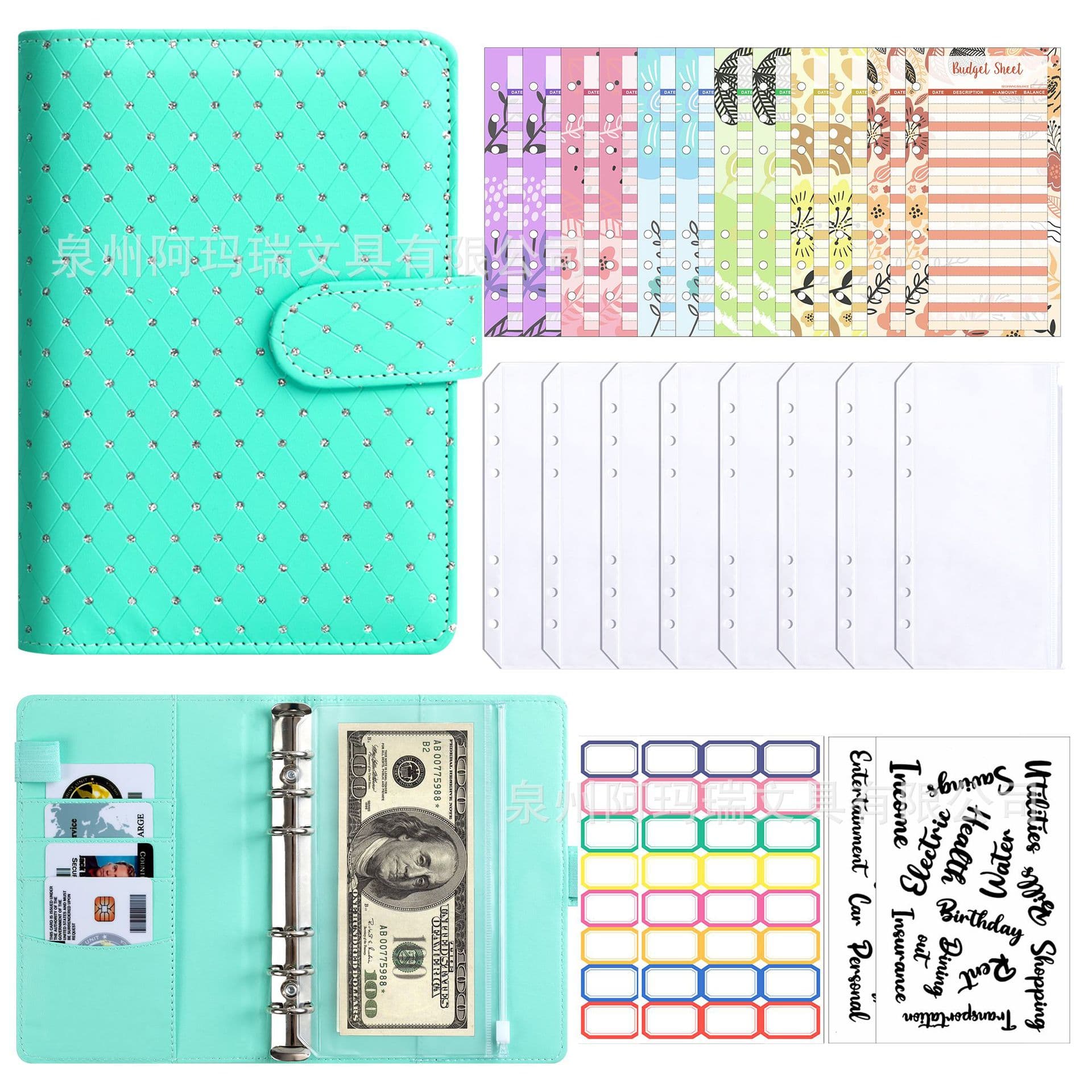 Diamond Pattern A6 Loose-leaf PU Leather Notebook Zipper Bag Cash Budget Bookkeeping Book Family Financial Management Money Saving Book