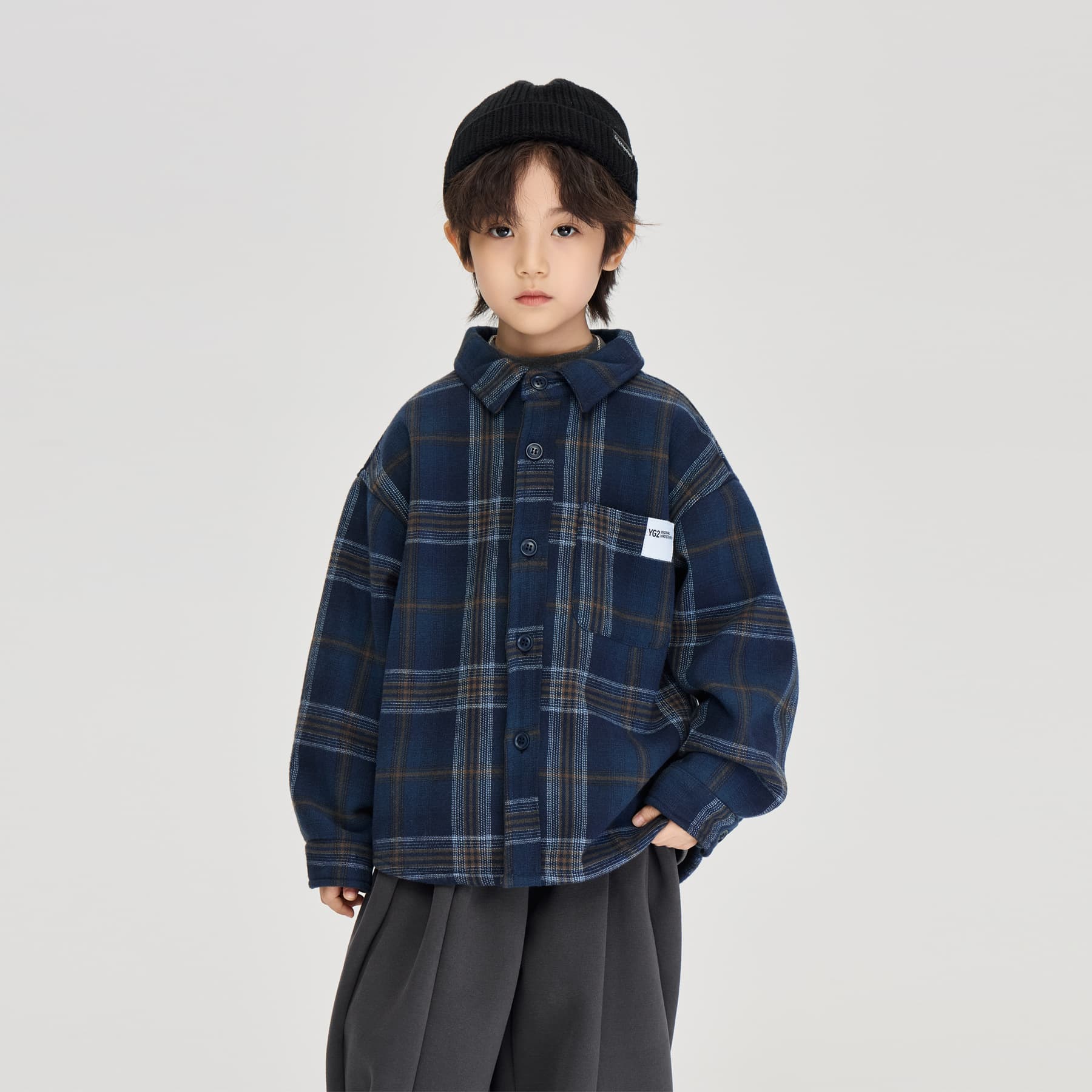 2025 Winter New Children's Japanese Retro Thickened Shirt Jacket Boys Big Kids Integrated Fleece Plaid Shirt Trendy