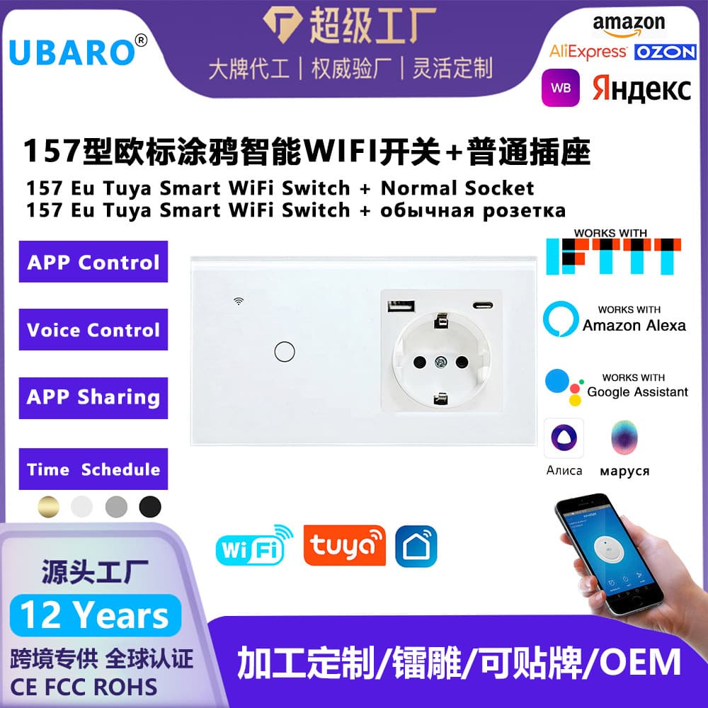 157 Doodle Smart WIFI Switch with Standard 5V2A European Socket Glass Panel APP Remote Voice Switch