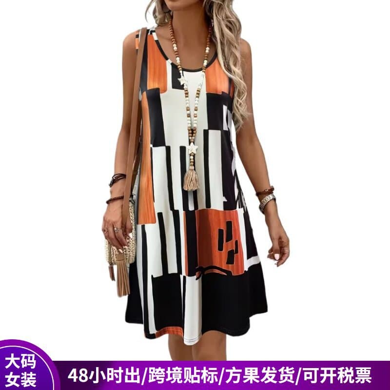 Plus Size Women's Summer Printed Fashion Slip Dress, Amazon Hot Selling New Style Sleeveless Beach Dress