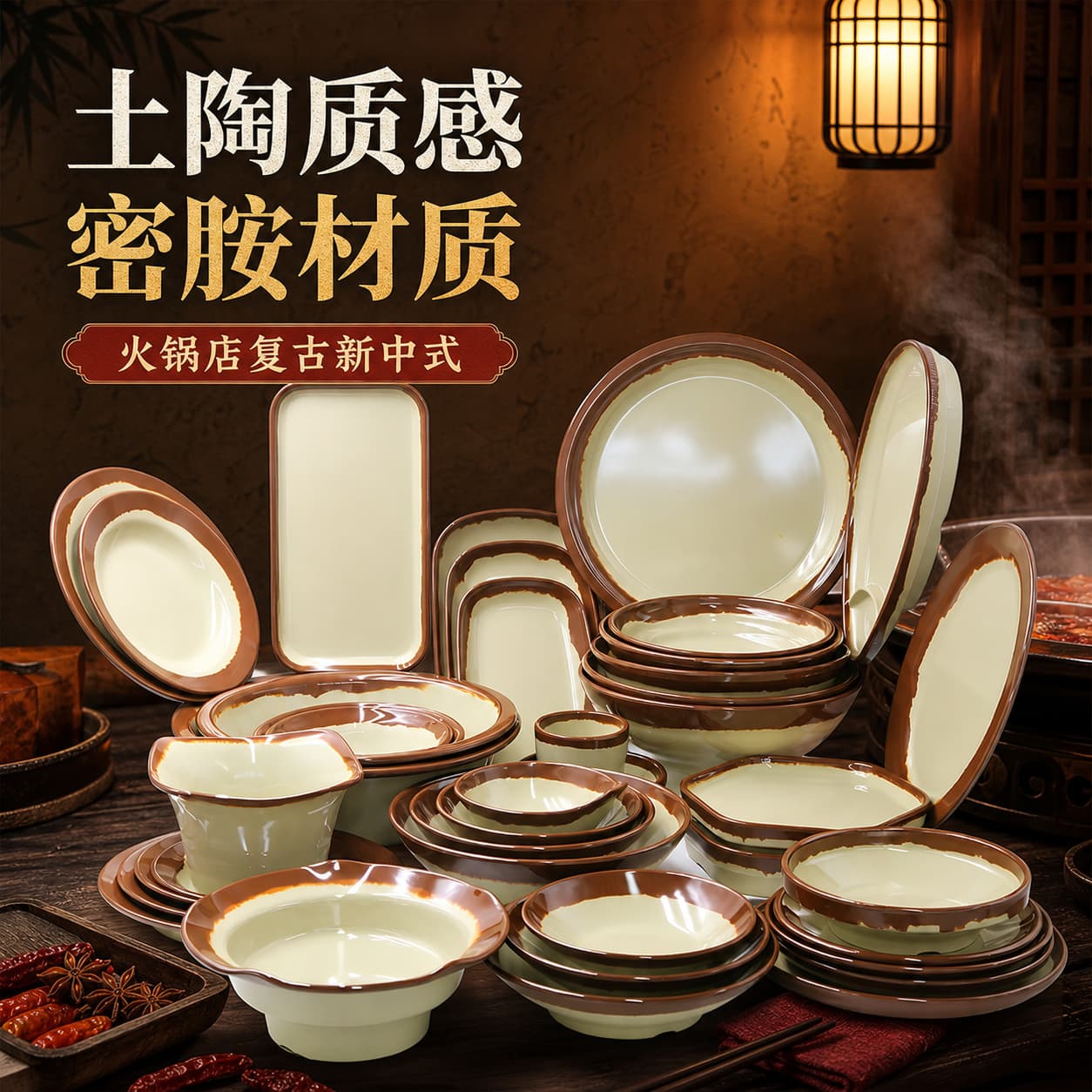 Melamine Retro Rustic Pottery Style Hot Pot Tableware Set Commercial Drop-Resistant Home Bowls Plates Dishes Table Setting Wholesale