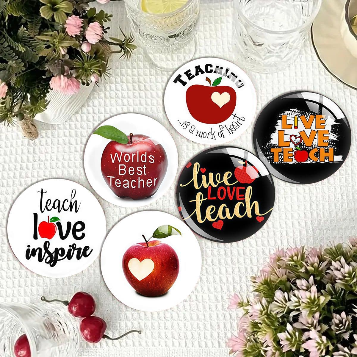 6-Pack Coasters Featuring the Symbolic Teacher's Apple as the Core Visual Element, Paired with Black, White, Red, and Gold Color Schemes