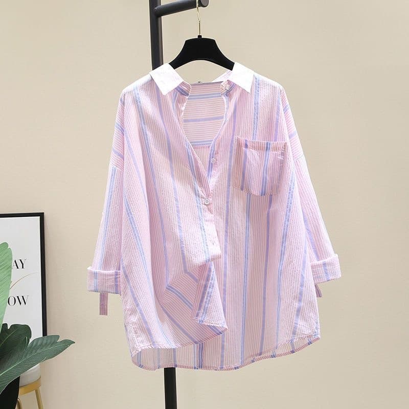 Sun Protection Top Pink Striped Blouse for Women Summer 2026 New Korean Loose Casual Thin Shirt Jacket