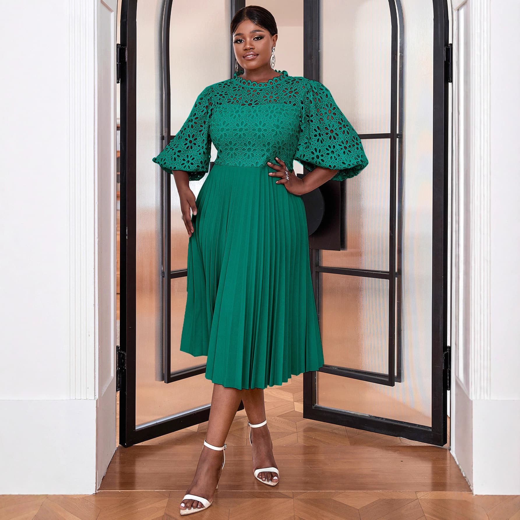Amazon Wholesale Lace Lantern Sleeve Dress Christmas Gift Plus Size Pleated Skirt Dresses