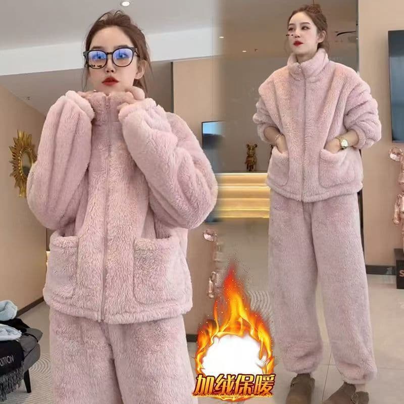2025 New Coral Fleece Couples Pajamas Women's Winter Fleece-Lined Thick Warm Homewear Loose Two-piece Set
