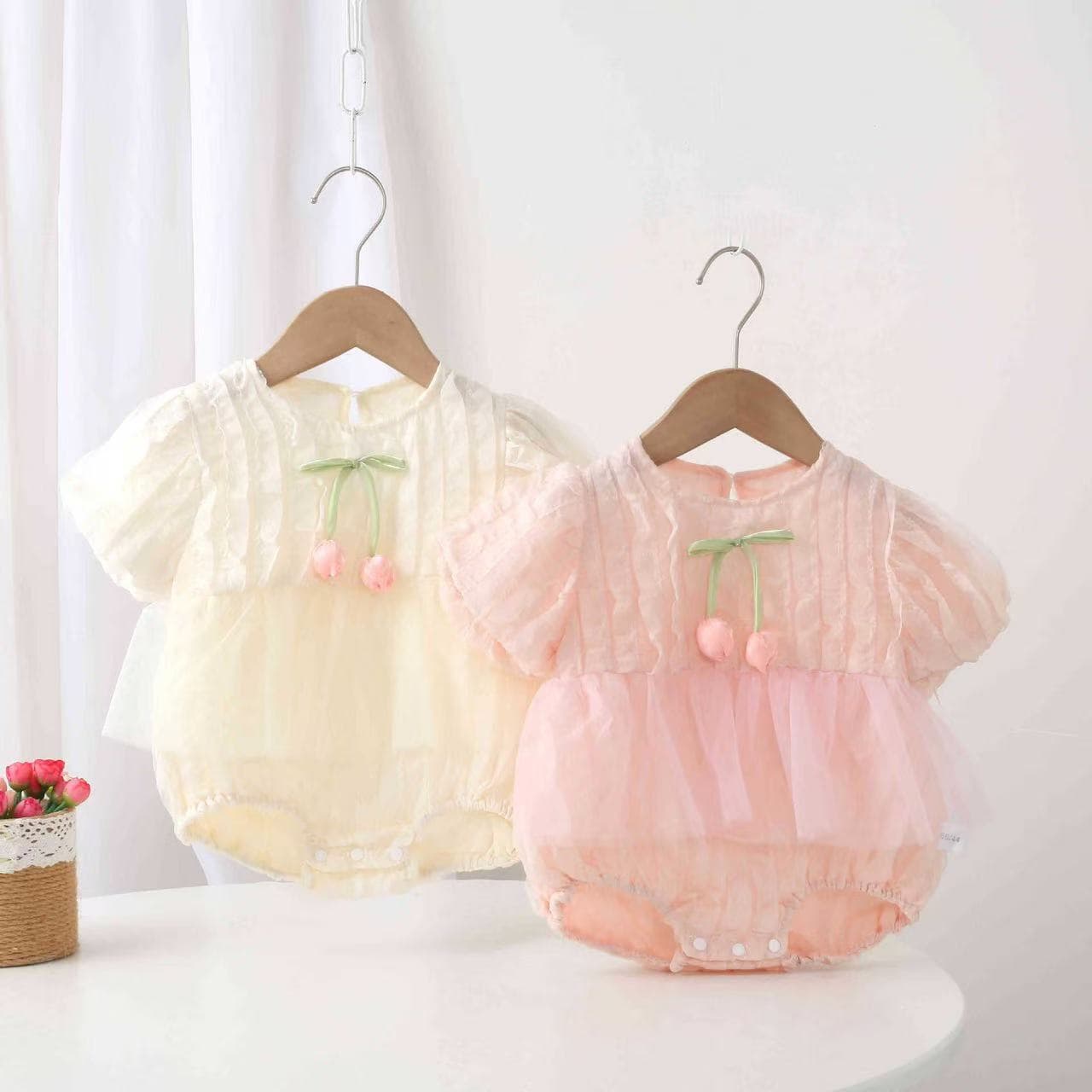 Infants and young children's new summer style bud sleeve patchwork gauze coveralls, sweet and cute outing wear coveralls