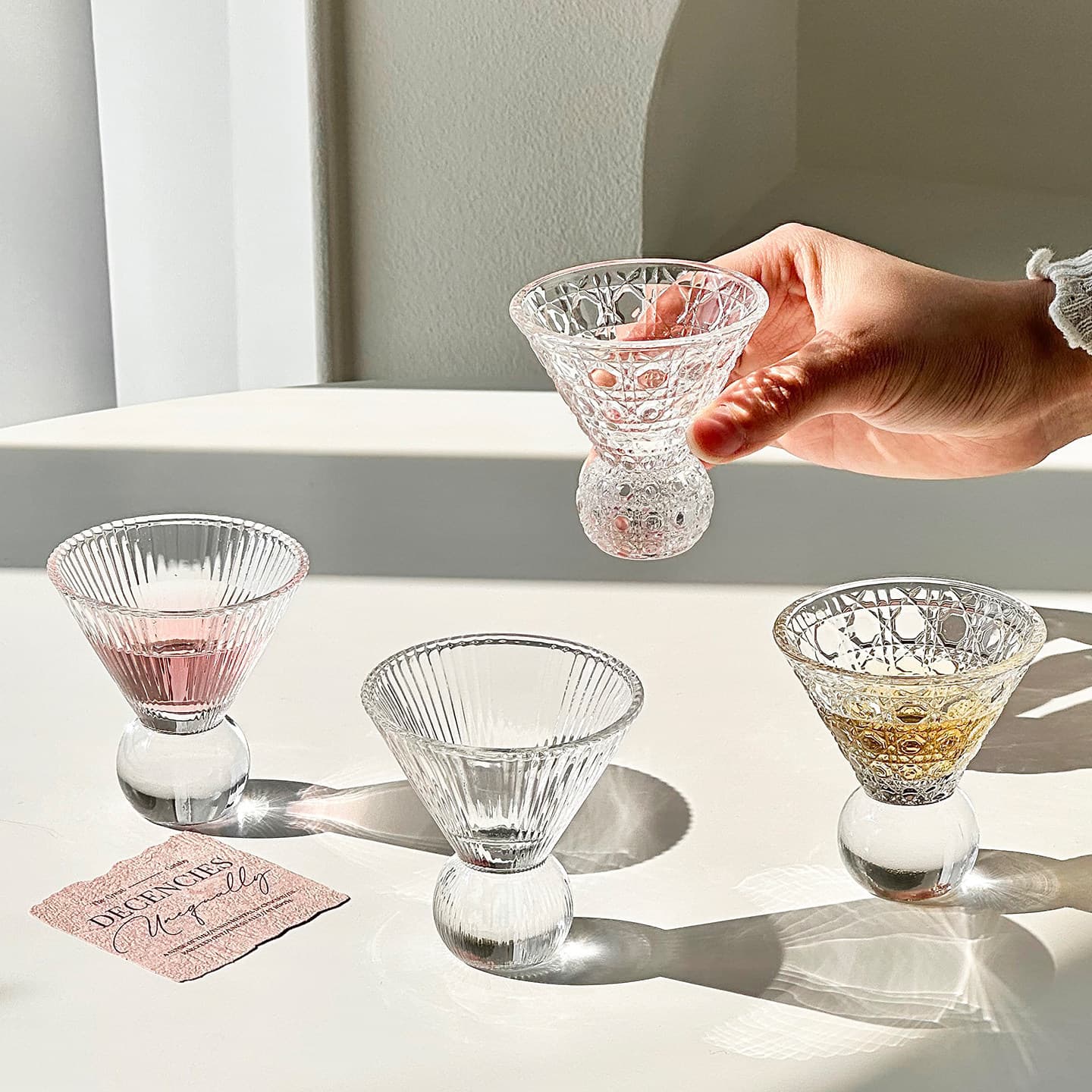 Japanese Martini Glass Diamond-Faceted Glass Cup Ins Style Home Coffee Cup High-Aesthetic Cocktail Glass Ice Cream Cup