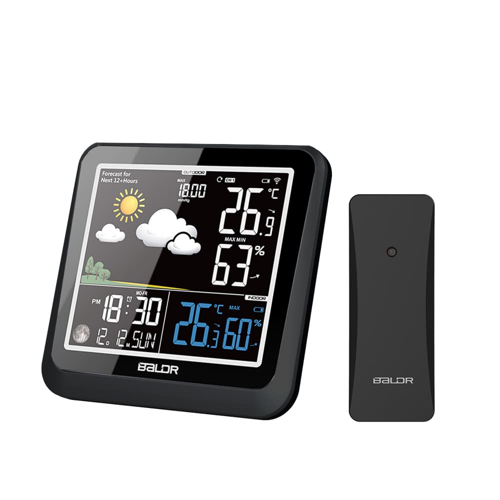 Home Wireless Electronic Thermometer and Hygrometer with Indoor/Outdoor Color Large Screen, Weather Forecast, Alarm Clock, Calendar, and Barometer