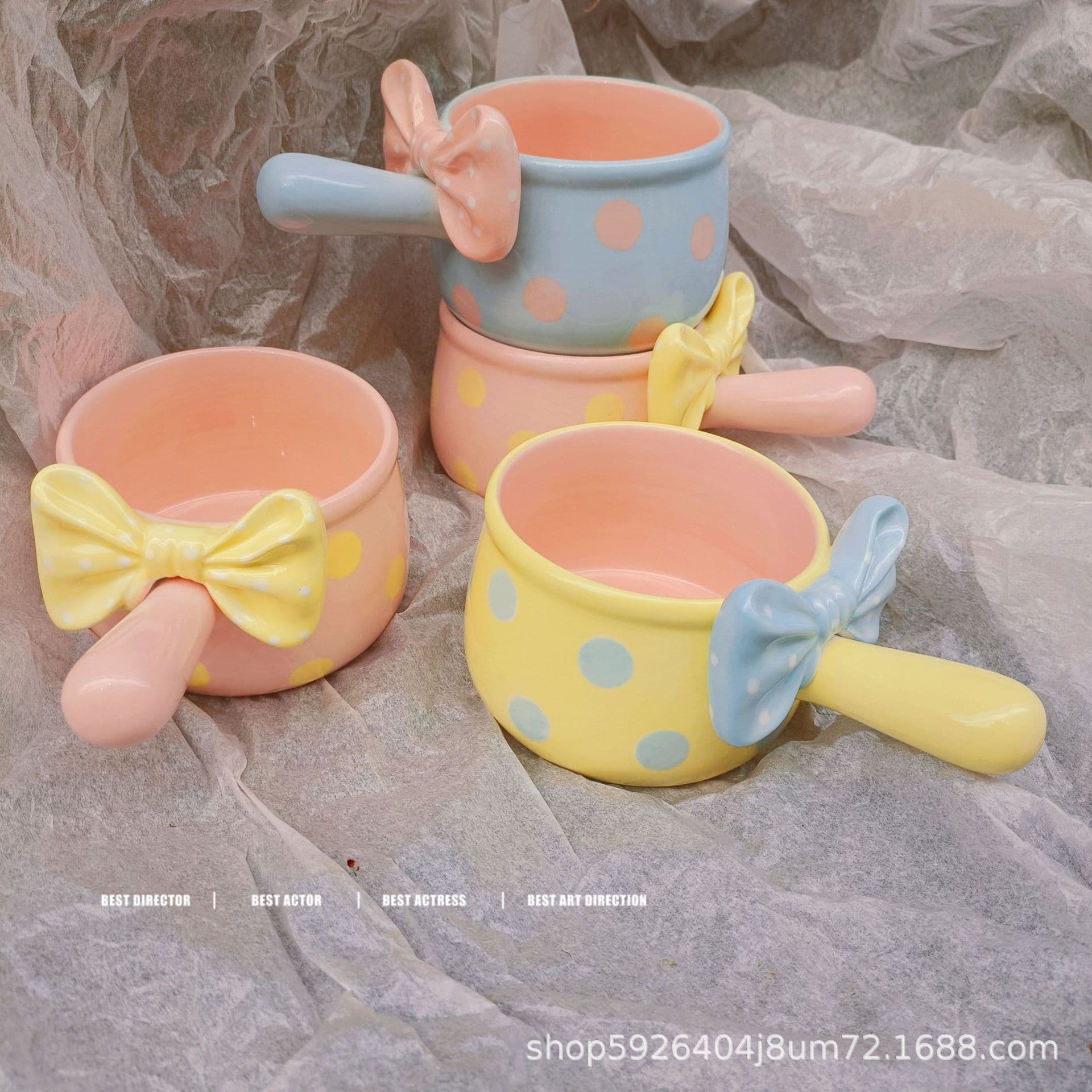 Polka Dot Bow Cute Anti-Scald Handle Bowl Ceramic Baby Bowl Household Noodle Bowl Ceramic Dormitory Rice Bowl Wholesale