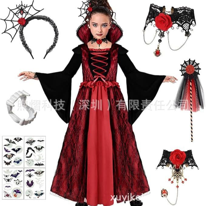 Halloween Vampire Costume Dress for Girls, Gothic Performance Cosplay