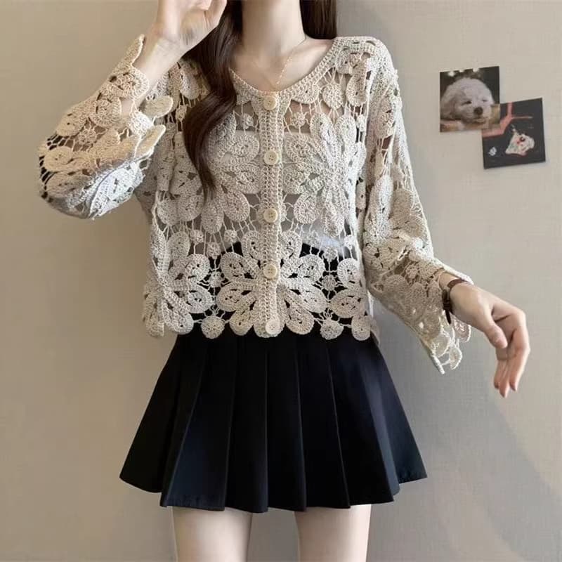 Summer Loose Fit Knit Crochet Cardigan Bohemian Style Hollow Long Sleeve Open Front Top
