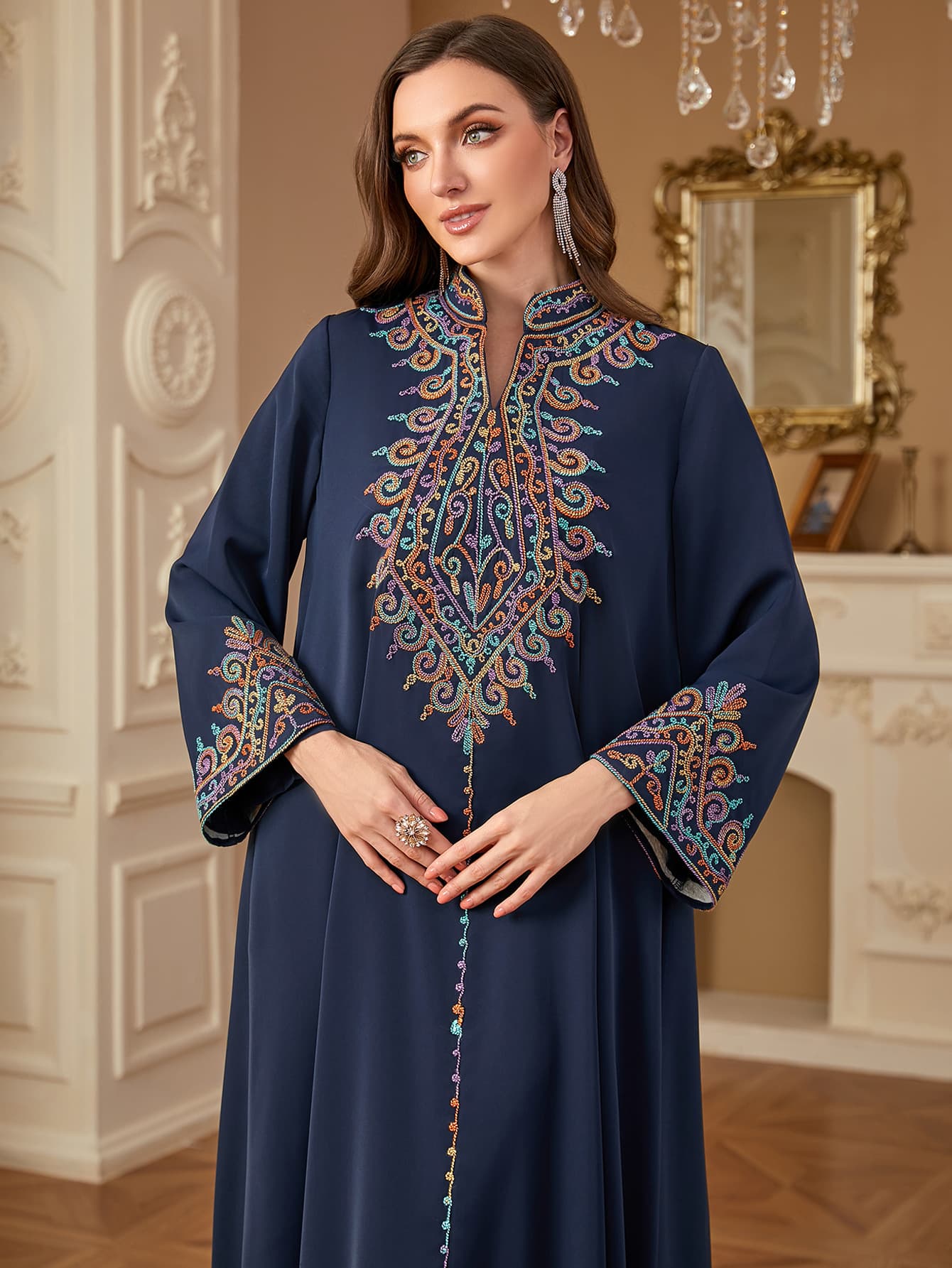 4065 Cross-border Trade Long Robe Women's Dress Embroidered Fashion Long Sleeve Jalabiya Ethnic Style Dress