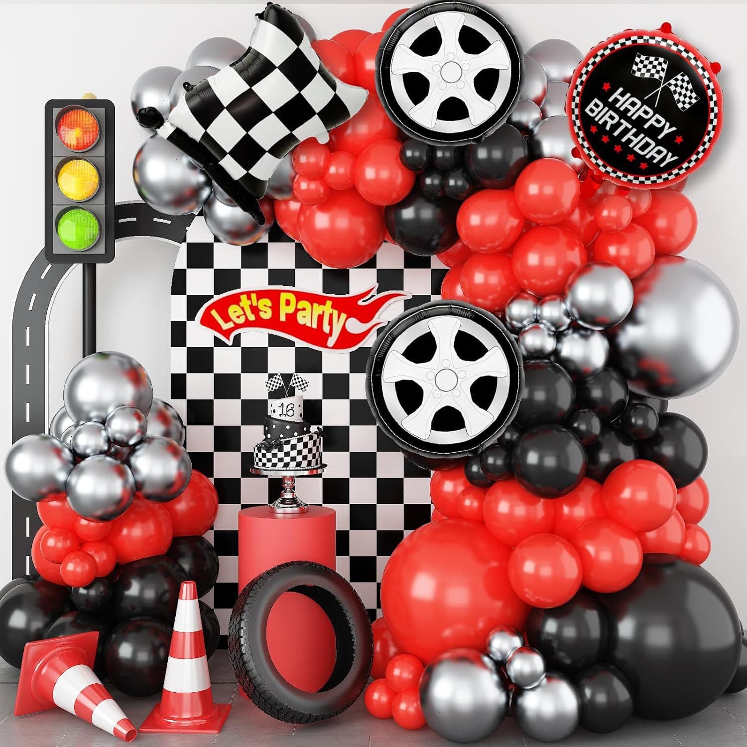103-Piece Racing Theme Party Balloon Chain Set Red Black Silver Balloon Tire Racing Flag Balloon Arch