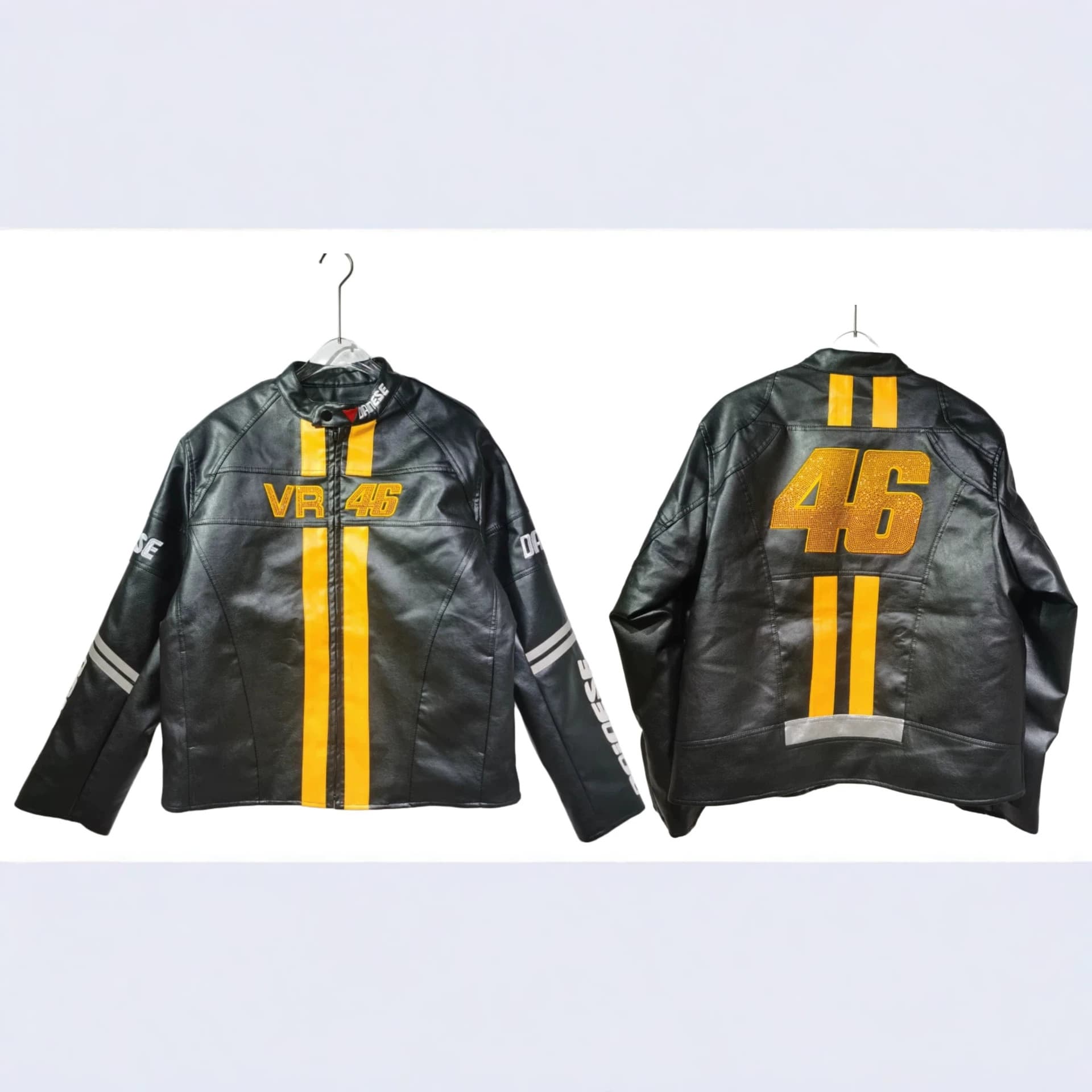 American Retro VR46 Racing Style PU Leather Jacket Heavy Rhinestone Motorcycle Clothing High Street Trend Loose Coat for Men