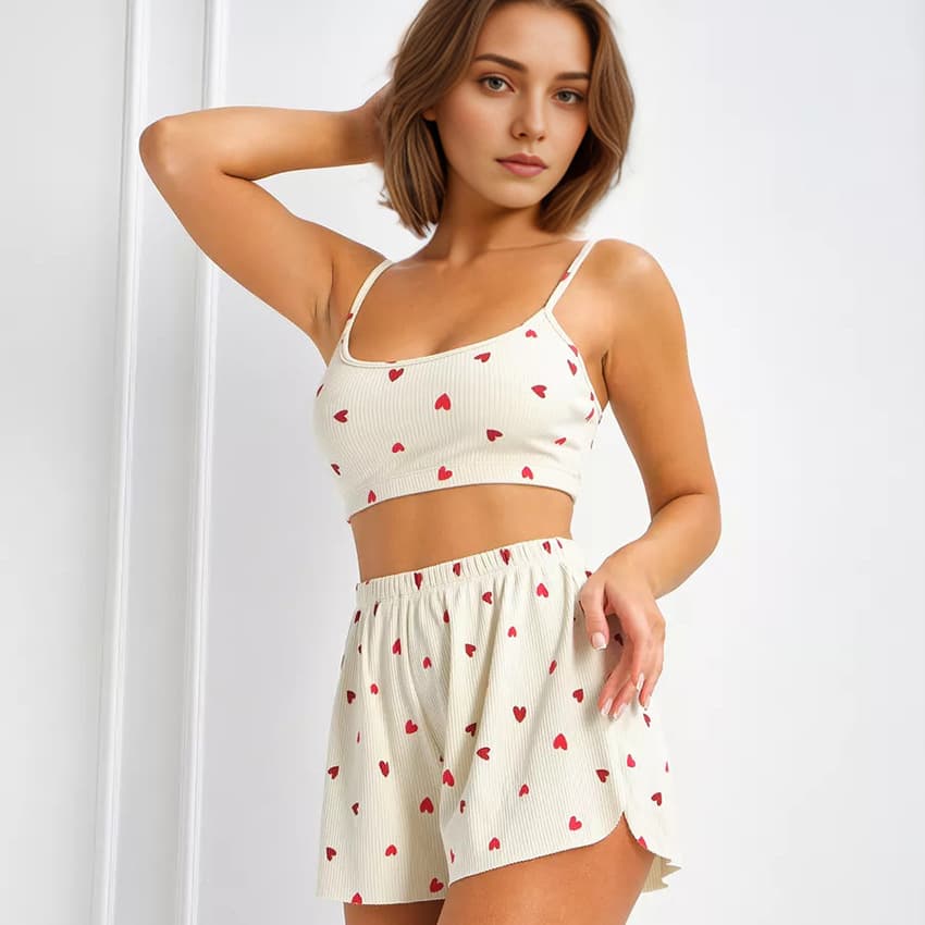 2024 spring new style knitted love printed fashion suspender shorts pajamas two-piece set cross-border home wear wholesale
