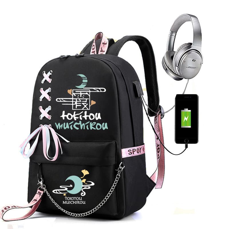 Demon Slayer Japanese Anime Campus Style Backpack with Chain Strap and USB, Outdoor Shoulder Bag for Middle School, High School and College Students