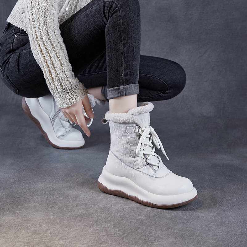 Thick Sole Top Grain Leather Women's Snow Boots Winter 2024 New Lambskin Lined Thickened Anti-Slip Northeast Mid-Calf Boots
