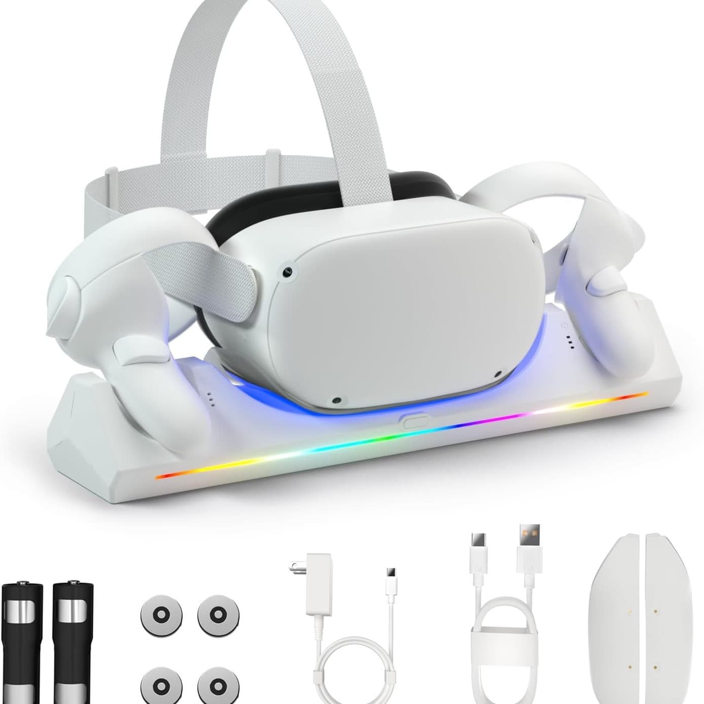 Q6 magnetic contact charging base with RGB lights for Quest 2 VR headset desktop storage and charging