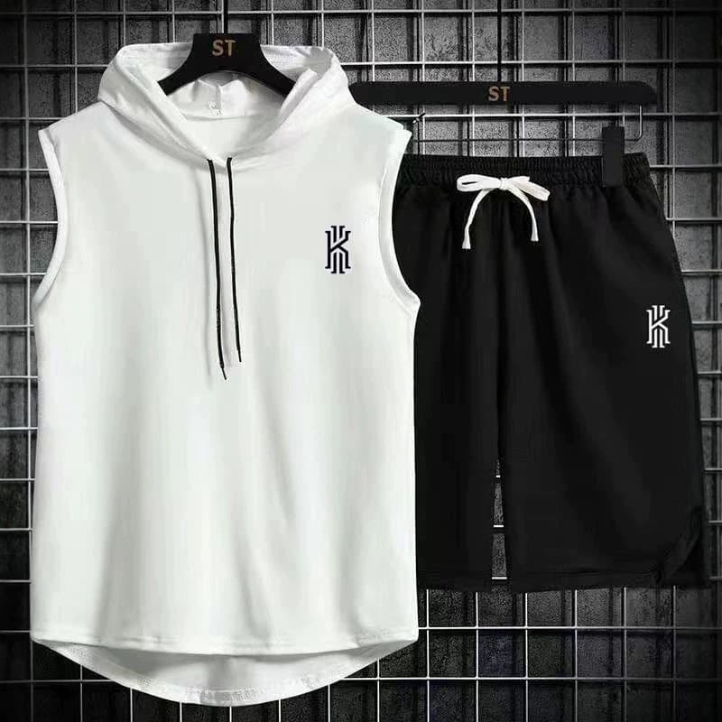 Men's Basketball Casual Hooded Sleeveless Vest and Shorts Set, Summer Printed Tank Top, Ins Streetwear Style 12