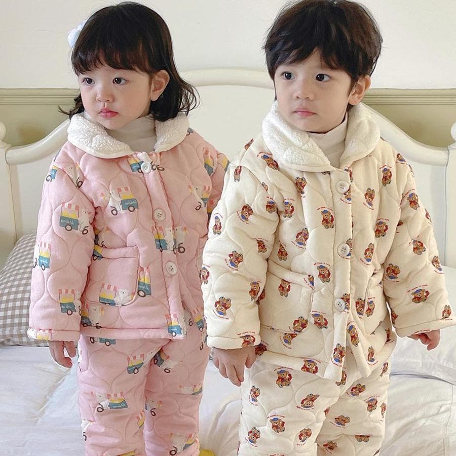 Children's three-layer quilted cartoon home clothes Korean version winter style velvet thickened pajamas for boys and girls baby warm set