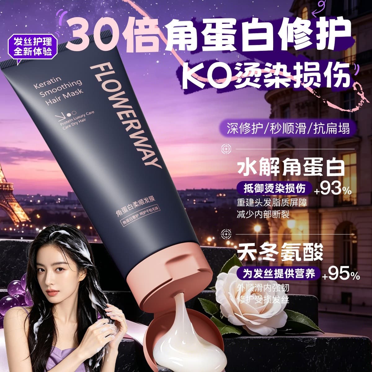 Flowerway Keratin Smoothing Hair Mask Improves Frizz and Split Ends, Smoothing Conditioner, Repairs Dry Hair Mask