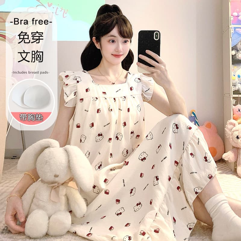 Cloud Cotton Women's Pajamas Summer with Removable Bra Pads Plus Size Short Sleeve Nightgown Cute Korean Style Long Dress Loungewear
