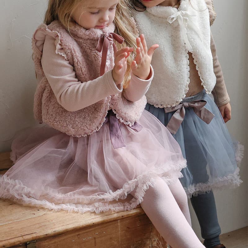 2026 Winter Strawberry Pink Korean Style Girls' Fashion Bowknot Tutu Mesh Faux Two-Piece Fleece-Lined Skirt Pants