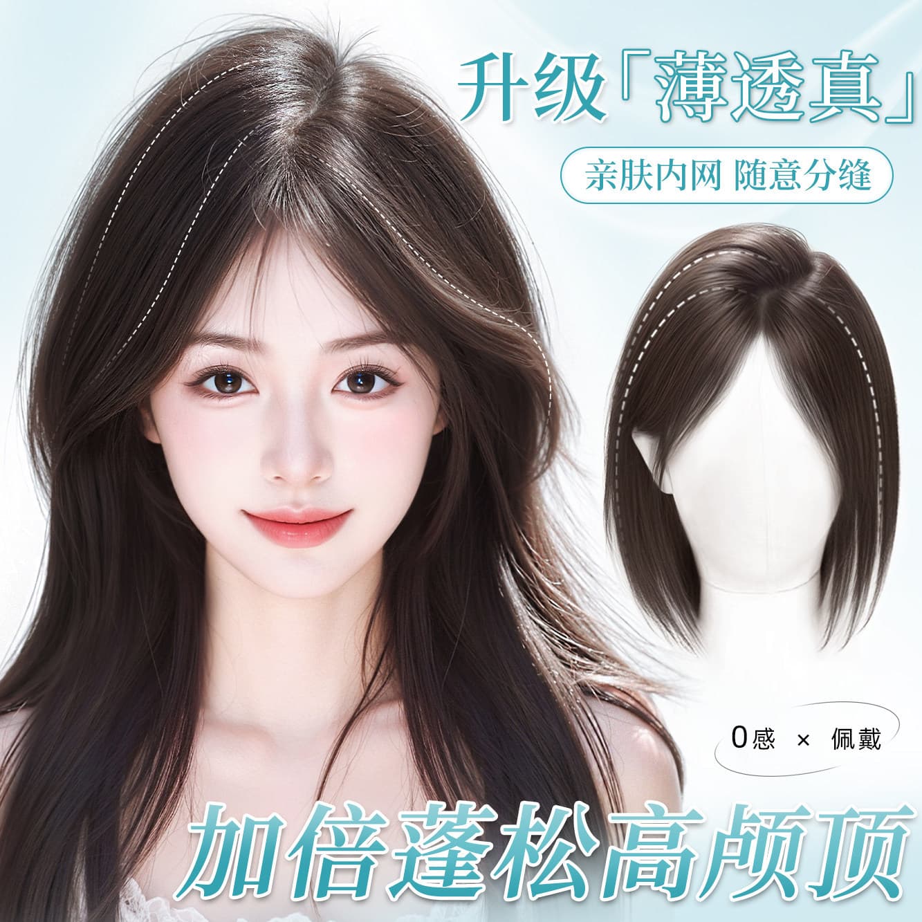 Women's Wig Topper for Crown Coverage, Gray Hair Concealer, Volume Boost, Natural Forehead, Lightweight High Crown, Realistic Hairline, 8-Character Side Bangs