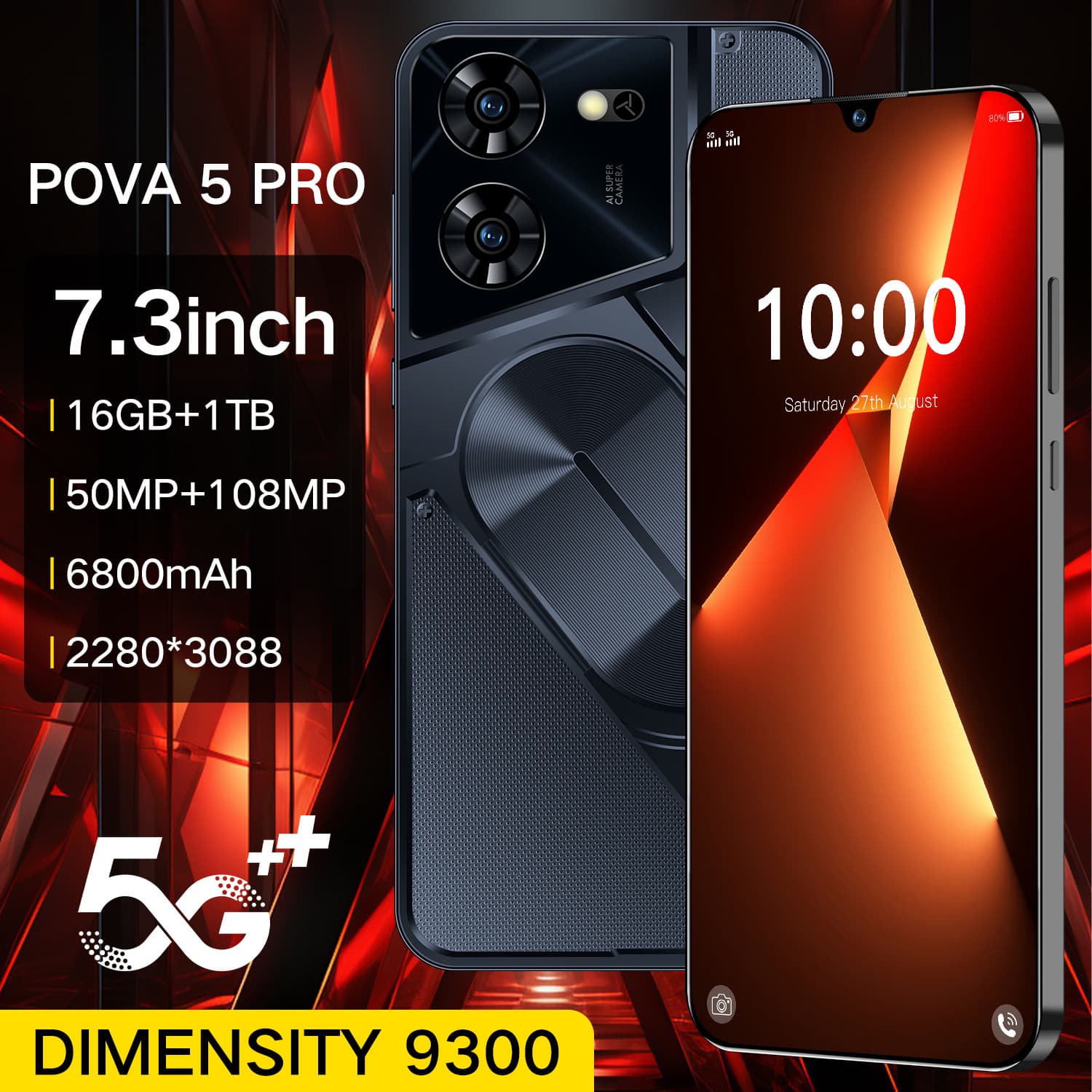 Pova5 Pro Cross-border TK AliExpress Smartphone 2+16G Android 7.3-inch Punch Hole Screen True 4G Full Netcom