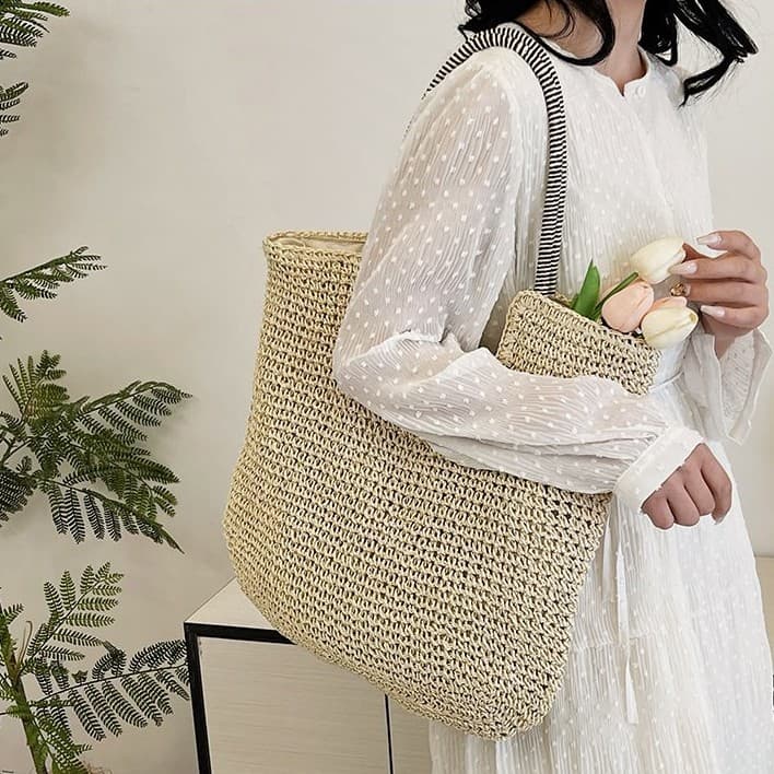 New Simple Straw Shoulder Bag, Handmade Woven Bag, Large Capacity Shoulder Tote Bag, Vacation Beach Bag