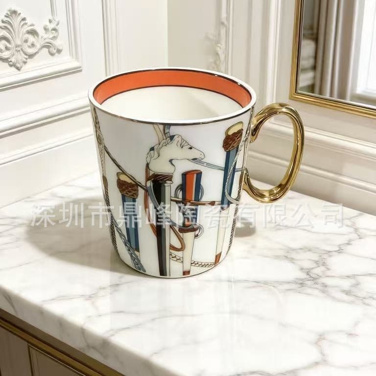 European-Style Light Luxury Retro H Scepter Bone China Cup Breakfast Milk Oatmeal Cup Home Office Cafe Mug