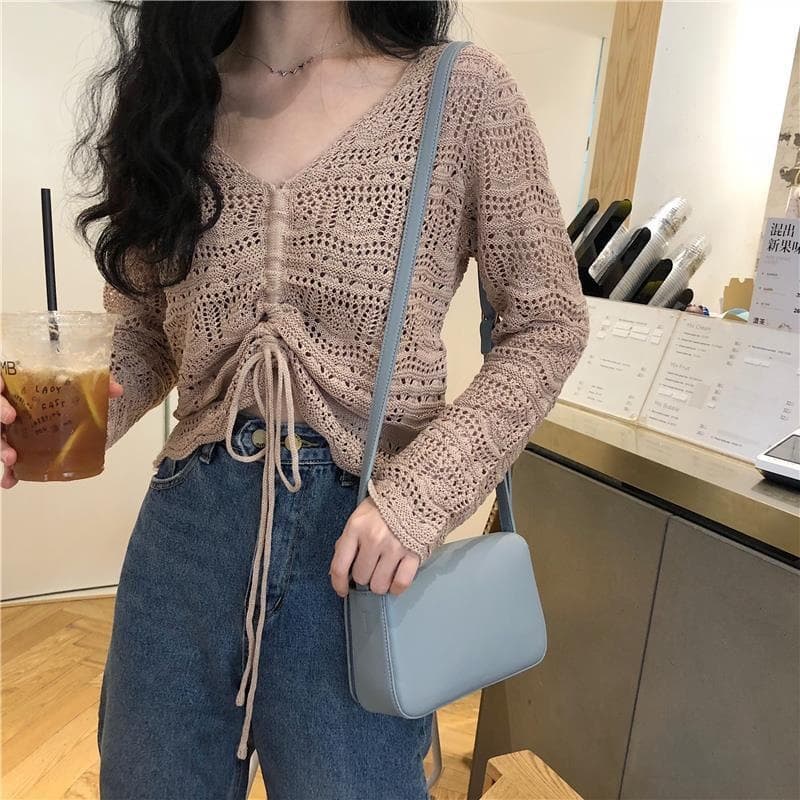Spring New Loose Knit Short Sweater for Women Long Sleeve Mesh Top Drawstring Hollow Neck Cover Thin Style