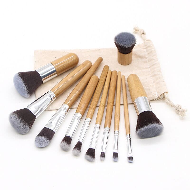 11-Piece Bamboo Handle Makeup Brush Set with Wooden Handle and Linen Bag, Beauty Tools, Loose Powder Brush, Blush, Direct Sales from Manufacturer, Setting Makeup