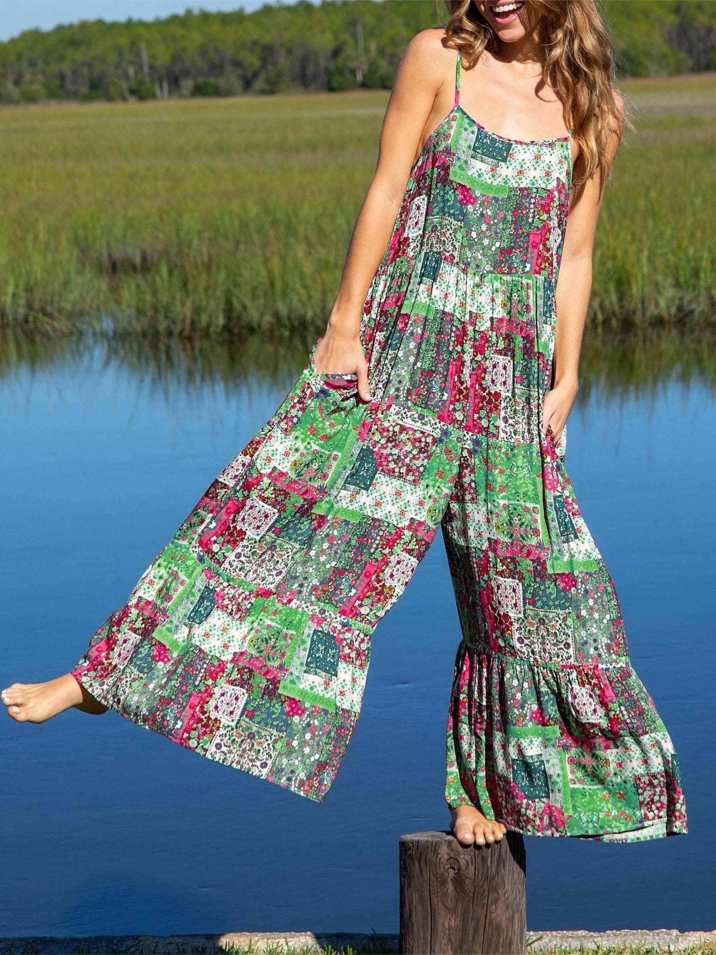 Women's Sleeveless Print Pocket Overalls, Ruffle Hem Loose Wide Leg Jumpsuit, Overseas Warehouse