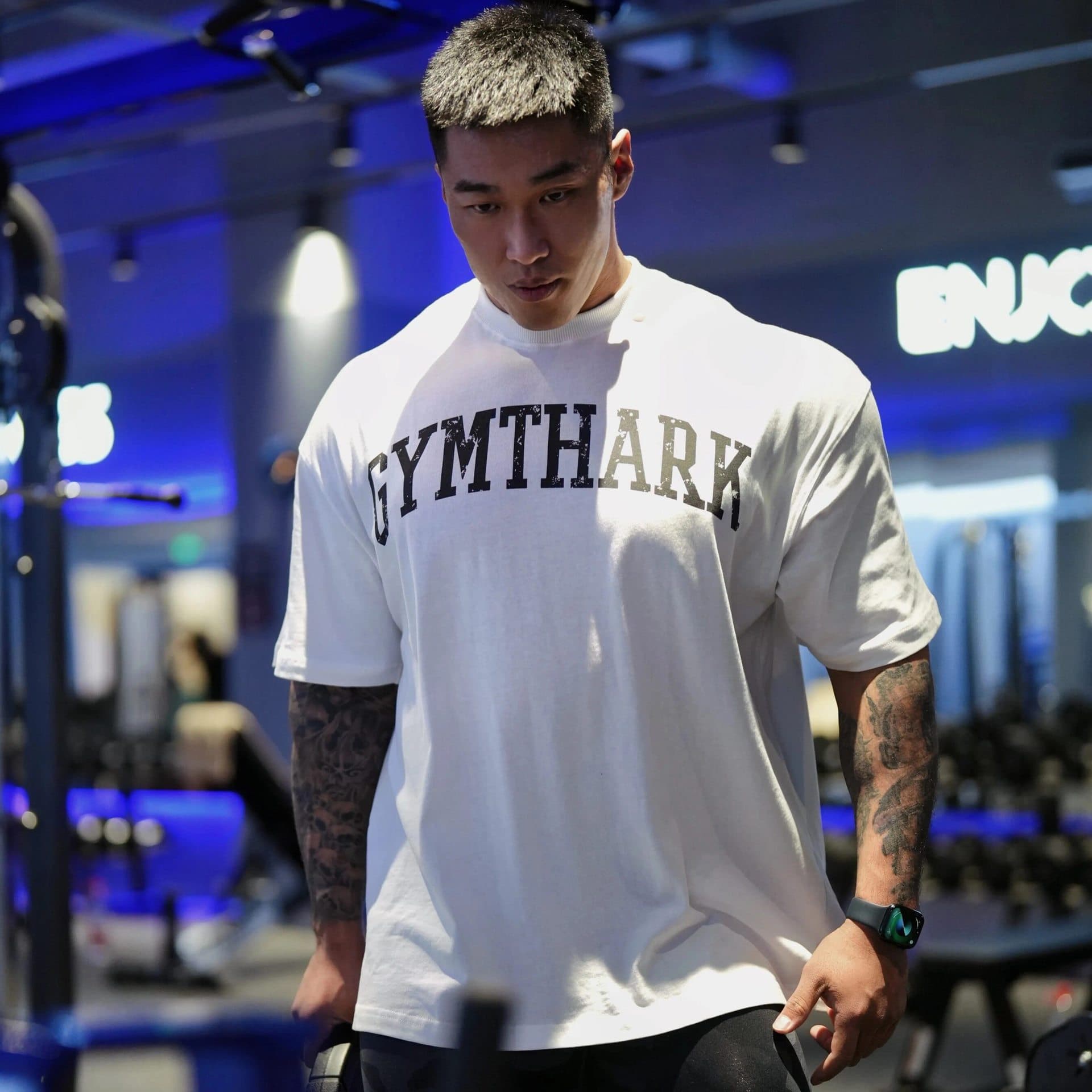 GYMSHARK Chris Muscle Shark Fitness Bodybuilding Loose Cotton Printed Men's Short Sleeve T-Shirt