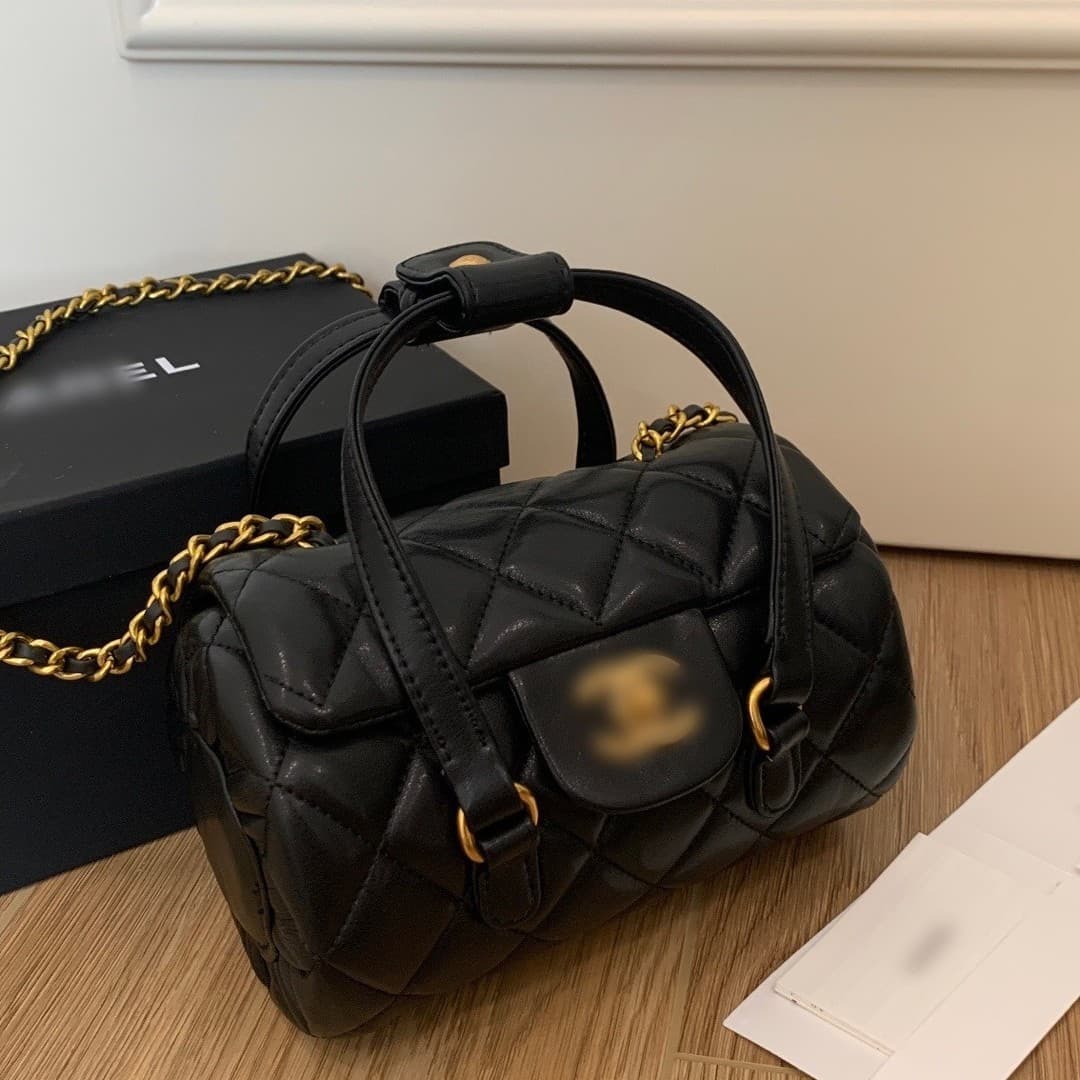 Xiangjia Bowling Bag Cylindrical Bag Chain Bag Full Leather/Velvet Chain Crossbody Quilted Handbag with Gift Box