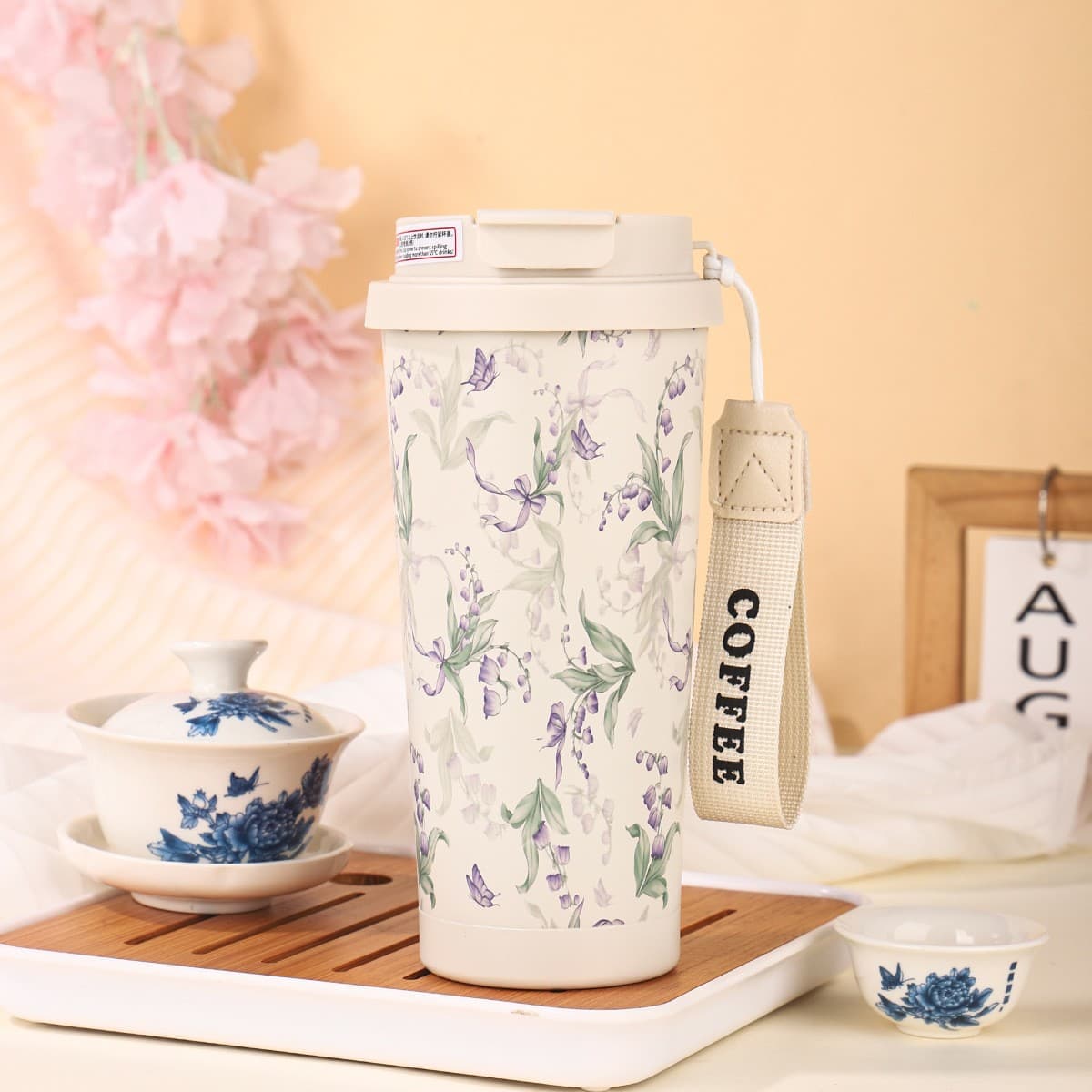 Floral 316 Stainless Steel Insulated Coffee Cup High-Fashion Automatic Electric Stirring Cup with Carry Strap Ceramic Inner Liner Cup