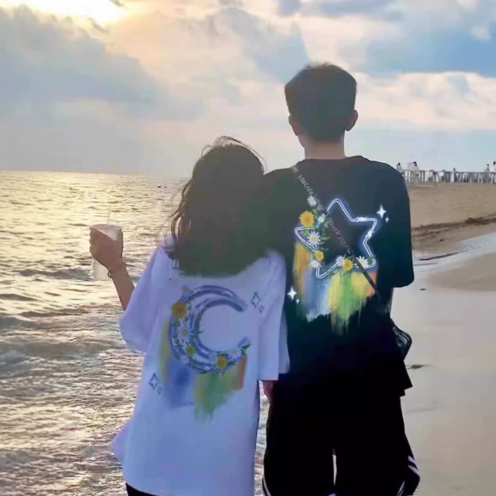 Couple Matching Cotton Short Sleeve T-Shirt Summer Oversize Unique Design Men and Women Top Student Streetwear Class Uniform