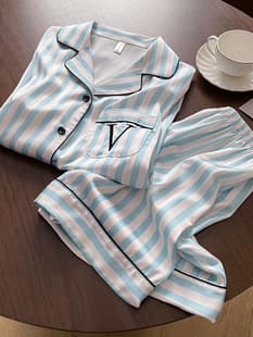 2026 Thin Silk Pajamas for Women Spring Autumn Silk Short Sleeve Short Pants Long Pants Set Simple Striped Loungewear Summer